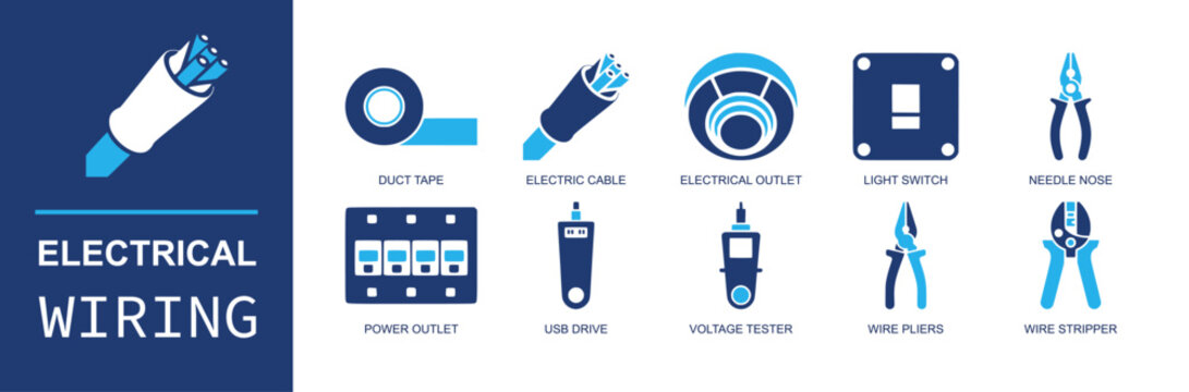 Electrical wiring icon set. Containing duct tape, electric cable, outlet, light switch, needle nose, power outlet, usb drive, voltage tester, pliers and more. Solid fill vector icons.