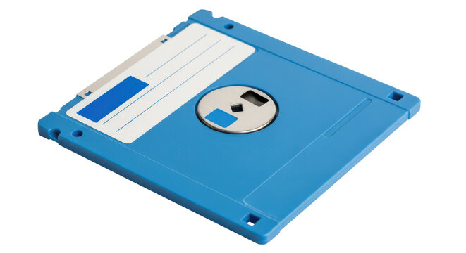 Blue floppy disk on a transparent background with a metal hub and label