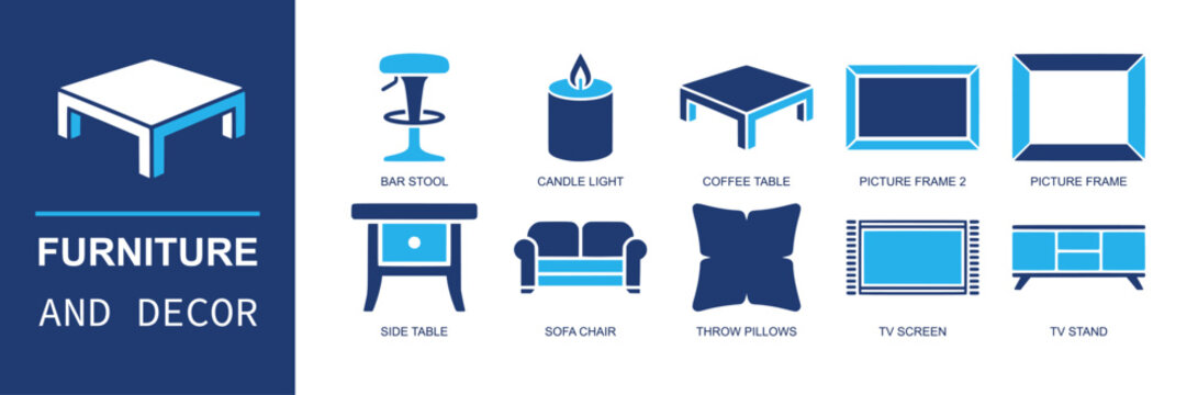 Furniture decor icon set. Containing bar stool, candle light, coffee table, picture frame, side table, sofa chair, throw pillows, tv screen, tv stand, lamp and more. Solid fill vector icons.