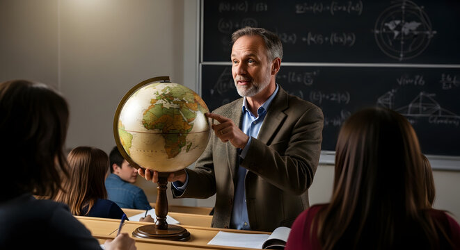Teacher demonstrating geography using a globe in a classroom. Concept of education, learning, and student engagement. Useful for articles on teaching methods and effective communication in classrooms.