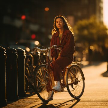 East Asian female startup founder cycling on urban street in morning golden light