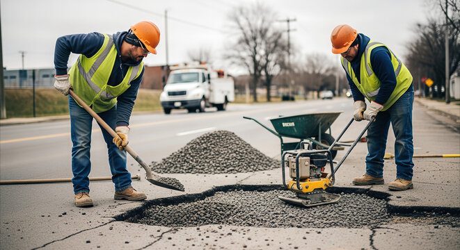 Construction workers repairing road potholes with gravel and compactor in urban street setting