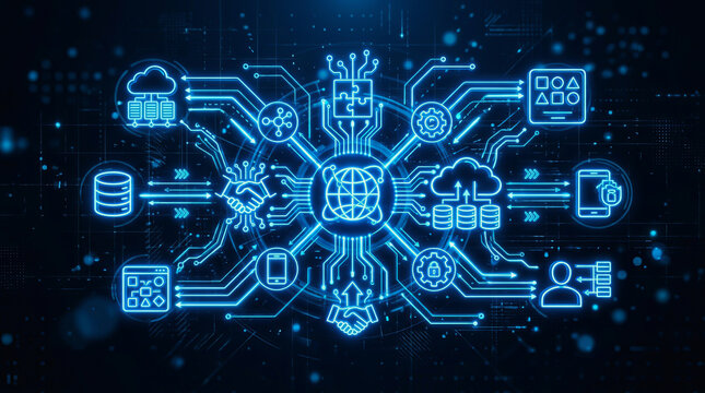 Futuristic digital network hub with glowing blue circuit lines connecting global data icons, cloud storage, servers, and user profiles on dark tech background.