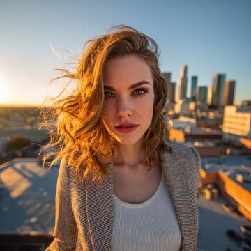 Ambitious young woman real estate agent showcasing rooftop penthouse at sunset