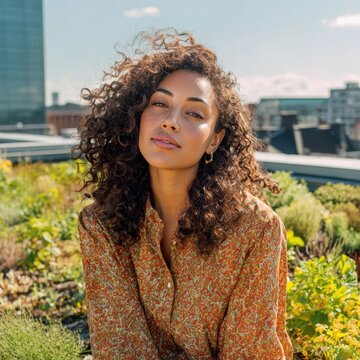 Mixed-race woman sustainability officer tending to green rooftop garden under bright midday sun