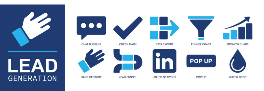 Lead generation icon set. Containing chat bubbles, check mark, data export, funnel chart, growth chart, hand gesture, lead funnel, network, pop up, drop and more. Solid fill vector icons.