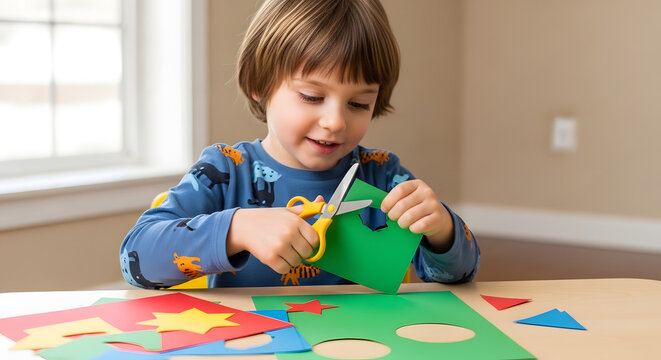 Child cutting colorful paper shapes with scissors, showing creativity and focus. This image represents themes of childhood learning, arts and crafts, and playful education.
