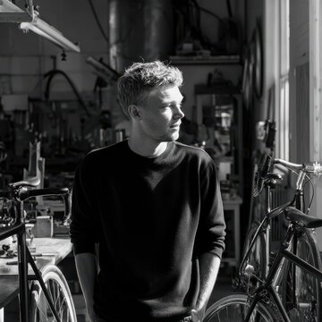 Nordic male product designer working on bicycle in workshop with natural side lighting