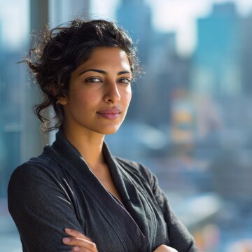 Confident South Asian Woman Executive in Glass Boardroom Overlooking City Skyline in Natural Daylight