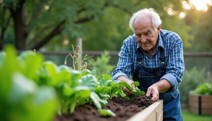 Naklejka premium Elderly man with white hair works in a raised garden bed. He wears blue overalls and a plaid shirt tending to green plants. Man adds rich soil to cultivate vegetables in sunny backyard.