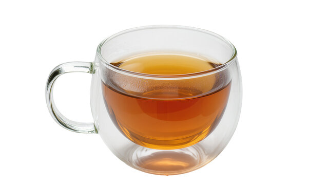 Double-walled glass teacup filled with amber tea, isolated on transparent background