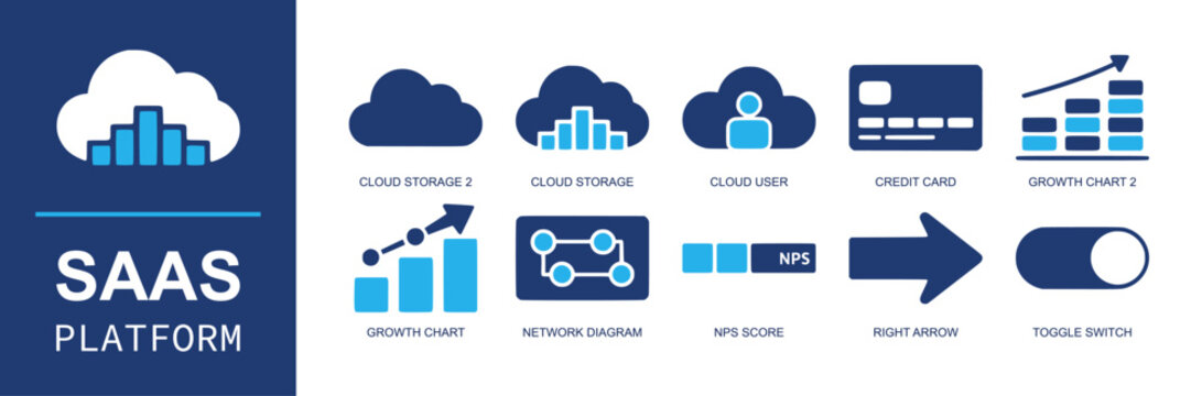 SaaS platform icon set. Containing cloud storage, cloud user, credit card, growth chart, network diagram, nps score, right arrow, toggle, subscription and more. Solid fill vector icons.