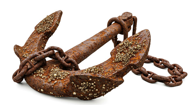 Isolated Rusty Anchor with Chain Covered in Barnacles on White Background