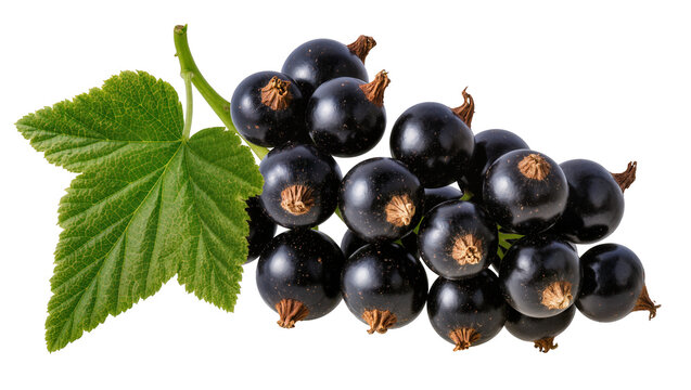 Cluster of ripe blackcurrants with a green leaf, isolated on transparent background