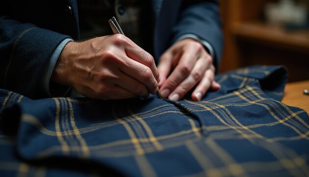 Manually sewing detail on dark blue plaid fabric. Tailor works with needle and thread, crafting custom suit. Precise handiwork in workshop shows fashion design.