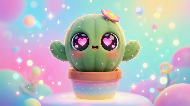 Ador?vel cacto kawaii com olhos de cora??o e flor rosa em vaso colorido, ilustra??o 3D fofa com fundo brilhante e bokeh pastel.