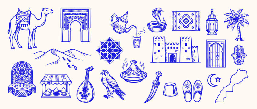 Moroccan Cultural Mosaic: A rich tapestry of Moroccan culture unfolds, showcasing an array of iconic symbols and design elements, from the camel to the intricate architecture and traditional objects.