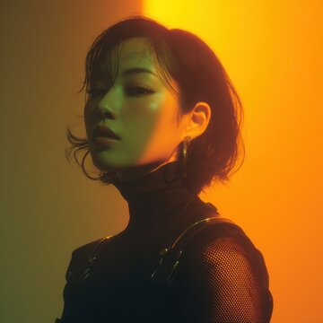 Fashionable Korean female creative director posing in dramatic studio with cool strobe lighting