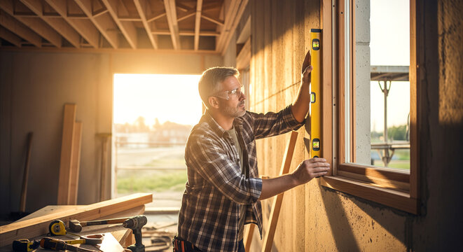 Skilled carpenter installing window frame using level on construction site with warm sunlight