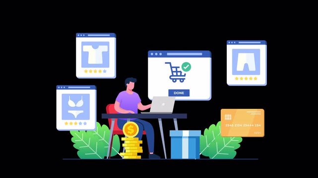 Flat vector illustration of a young man shopping online using a laptop with secure payment