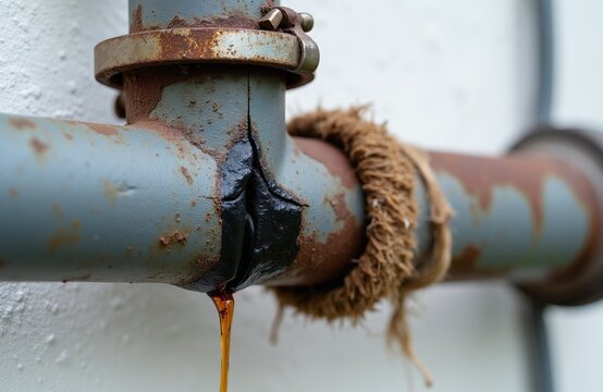 Rusted pipe suffers crack damage. Water leaks from old utility line. Emergency clamp holds patched rubber seal. Rope wraps around pipe. Close-up view.