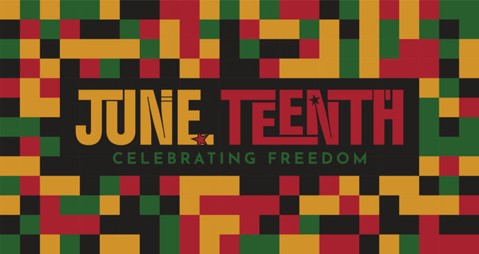 Juneteenth Celebrating Freedom Typography Poster &mdash; African American Holiday Kente Pattern Background Vector