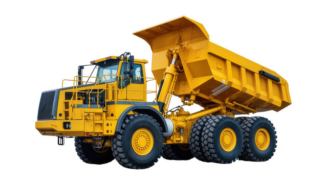 Massive yellow articulated dump truck with large tires, isolated on transparent background