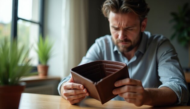Worried man looks at his empty wallet. He experiences financial trouble, lacking money for bills. Concept of poverty, debt, recession, and budget issues.