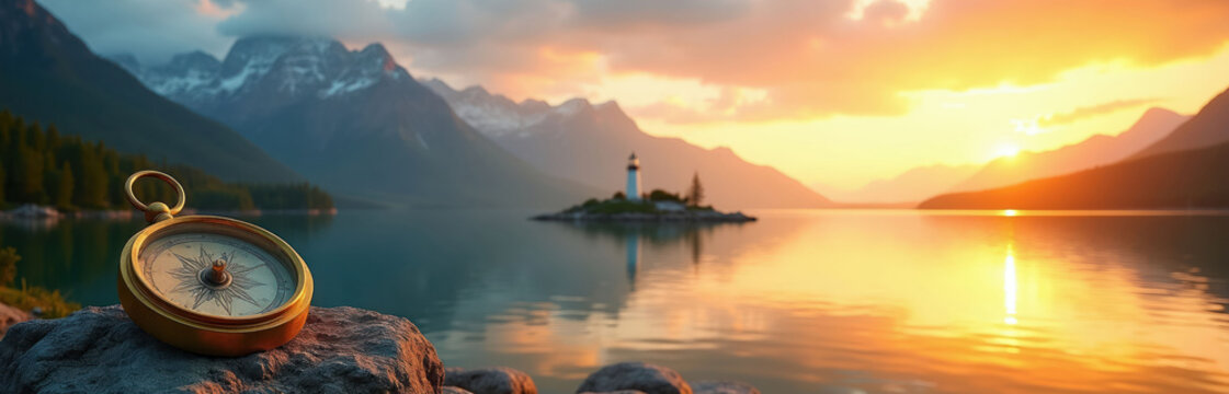 Golden compass rests on rock near lake at sunset. Mountains, forest, and lighthouse create scenic view. Sun reflects on water. Inspires travel and adventure.