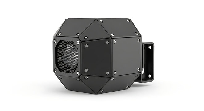 Isolated black modern geometric camera with mounting bracket on white background