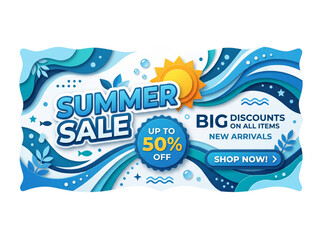 Fototapeta premium Summer Sale Banner Vector Illustration, Blue Paper Cut Ocean Wave Discount Promo with Up to 50 Percent Off and New Arrivals Offer