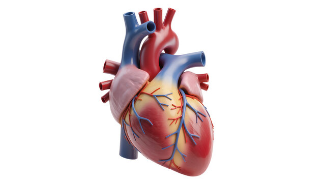 Detailed human heart anatomy with red and blue vessels, isolated on transparent background