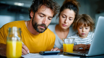 Obraz premium Family reviewing household budget with calculator and laptop at kitchen table