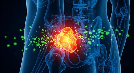 Fototapeta premium Human body with highlighted inflammation or infection in the lower abdomen glowing red and yellow surrounded by green particles against a dark background