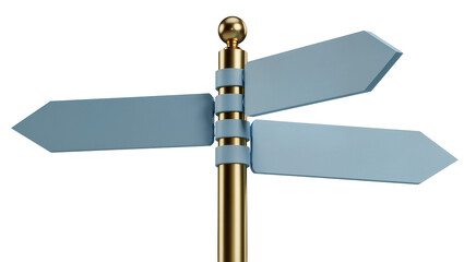 Obraz premium Golden signpost with four blue arrow pointers, isolated on transparent background