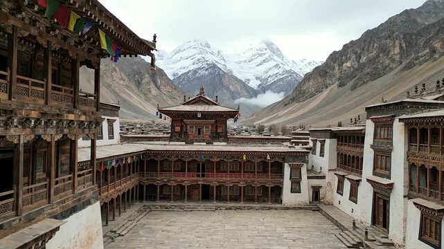 Ancient monastery architecture with snow capped mountains in the background