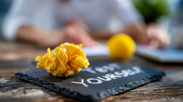 Chalkboard with &ldquo;Test Yourself&rdquo; message and crumpled yellow paper balls, education and self assessment concept