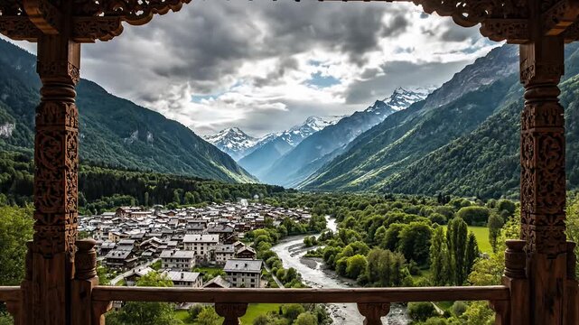 Mountain valley vista framed by ornate wooden structure under cloudy skies