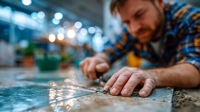 Worker installing floor tiles by hand, close-up of careful alignment during home renovation and construction work