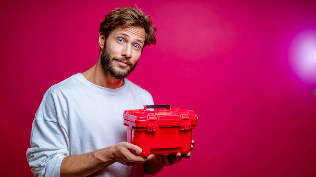 A young man holding a red toolbox and pulling out a wrench is depicted against a bright pink background with space for text