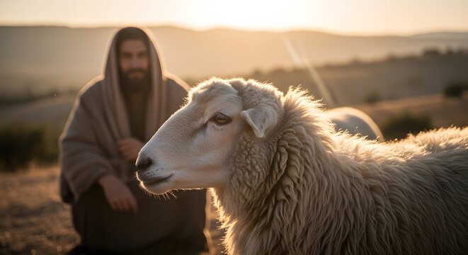 Beautiful spiritual art showing a detailed sheep looking towards the light with Jesus the Shepherd. Perfect for Christian themes of faith, guidance, divine protection, and holy salvation