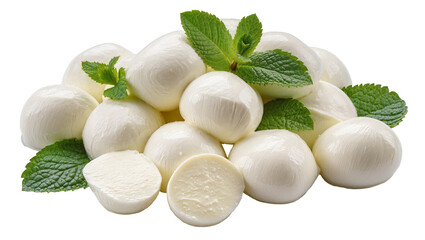 Fresh mozzarella balls with mint leaves, isolated on transparent background © Daniel