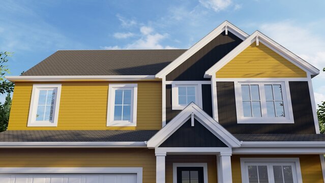 3D render of a modern suburban house exterior featuring yellow and dark gray siding with white trim