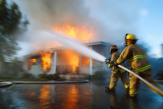 Fire hose spraying water onto blazing house, water droplets catching light