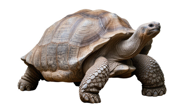 Giant tortoise with textured shell and scaly legs, isolated on transparent background