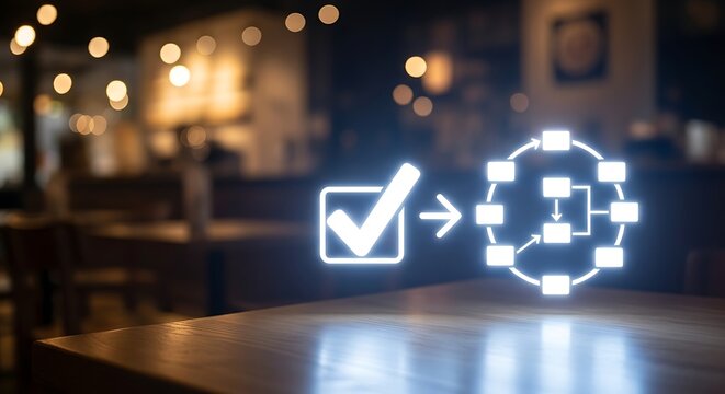Checkmark and flowchart icon glowing on a wooden table in a blurred cafe checklist tick