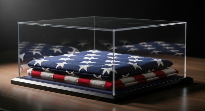 Folded american flag in display case a memorial day remembrance