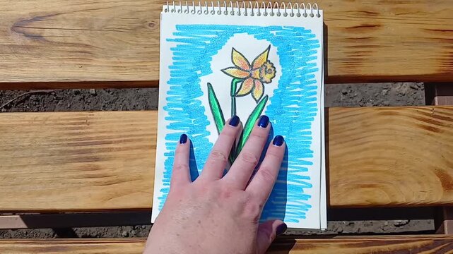 A hand caresses a drawing of a daffodil drawn with glitter markers, it sparkles in the sun and lies on a bench