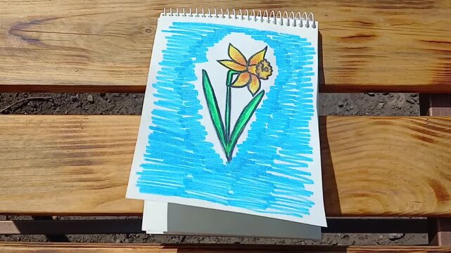 A drawing of a daffodil, drawn with glitter markers, it sparkles in the sun and lies on a bench, but the wind tries to tear it apart and turns the pages of the notebook