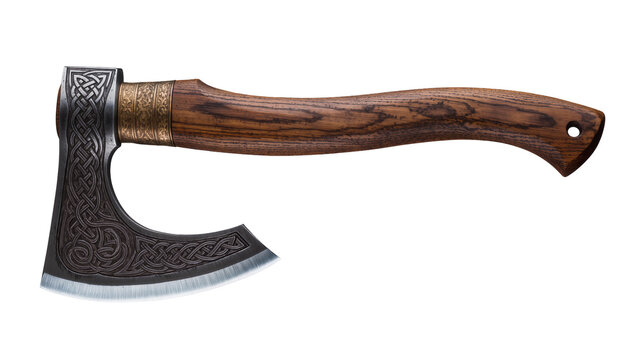 Ornate Viking battle axe with detailed knotwork carvings, isolated on transparent background